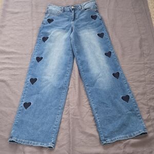 Stylish Blue Heart Embellished Wide Leg Jeans